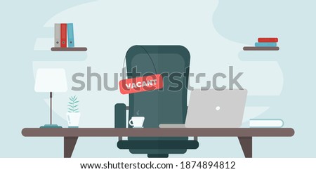Vacant place for system administrator advertising template. Desk with computer monitor and chair. Empty well equipped office. Business hiring, job openings and recruiting. Vector flat illustration