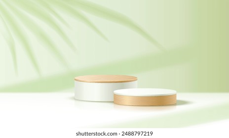 Vacant round podium against palm leaf shadow realistic vector illustration. Products presentation stand 3d object on green background