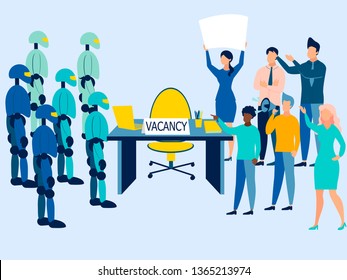 Vacant seat. Fight for work between robots and humans. In minimalist style. Cartoon flat Vector Illustration