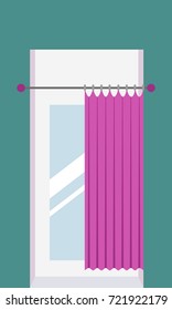 Vacant single fitting room with open curtain and mirror inside in a fashion shop. Cabin for trying on clothes in a shopping mall. Vector illustration.
