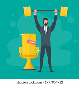 Vacant workplace. A businessman in a suit raises a barbell. Gold office chair. The concept of an open vacancy, search and selection of personnel, HR. Vector.