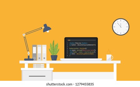 Vacant workplace. Modern creative office workspace with laptop, table, lamp on orange background. Flat minimalistic style and color.