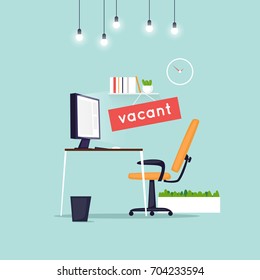 Vacant workplace. Office desk with computer, chair. Interior. Flat design vector illustration.