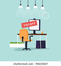 Vacant workplace. Office desk with computer, chair. Interior. Flat design vector illustration.