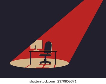 Vacant workplace in IT sphere - free table and chair in spotlight. Vector banner