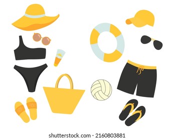 Vacation accessories for men and women set flat vector illustration isolated, beach accessories set, summer things flat vector