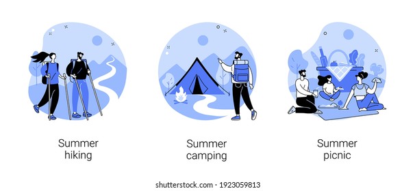 Vacation activities abstract concept vector illustration set. Summer hiking, caravan camping in national park, outdoor picnic, scout program, leisure time spending, park trails abstract metaphor.