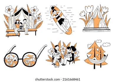 Vacation activities abstract concept vector illustration set. Summer vacation, camping in tent, outdoor picnic, sup boarding, leisure time spending. Minimalistic line art drawing.