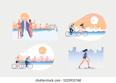 Vacation activities illustration collection. People riding bikes, skateboarding, surfing. Activity concept. Vector illustration for posters, banners, flyers
