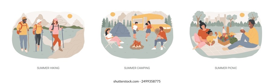 Vacation activities isolated concept vector illustration set. Summer hiking, caravan camping in national park, outdoor picnic, scout program, leisure time spending, park trails vector concept.