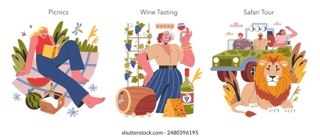 Vacation Activities set. People enjoying picnics, wine tasting, and a safari tour. Leisure time in nature and exotic travel experiences. Vector illustration.