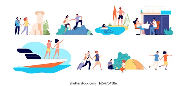 Vacation activities. Women family travel adventures. Water sports, active lifestyle and ocean coast. Sightseeing, hiking tourism vector set