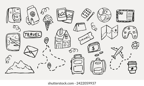 Juego de doodles de vacaciones y aventura. Juego de iconos de viaje dibujados a mano.