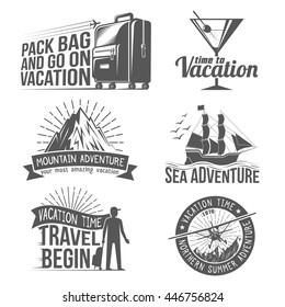 Vacation, Adventure logos set in vintage style. All badges can be easily disassembled into separate elements.