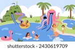 Vacation in aquapark. Happy people slide down into water. Family entertainment. Adults and kids swim in pool. Outdoor amusement waterpark. Persons ride waterslide. Garish
