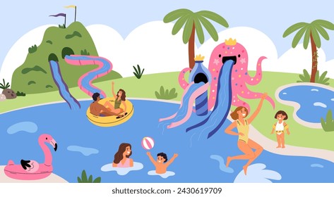 Vacation in aquapark. Happy people slide down into water. Family entertainment. Adults and kids swim in pool. Outdoor amusement waterpark. Persons ride waterslide. Garish