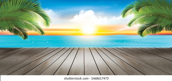 Vacation background. Beach with palm trees and blue sea. Vector.