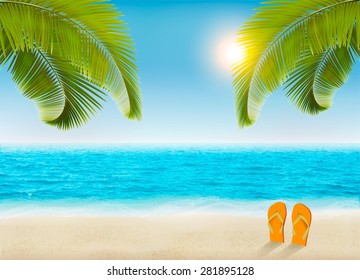 Antecedentes de vacaciones. Playa con palmeras y mar azul. Vector.