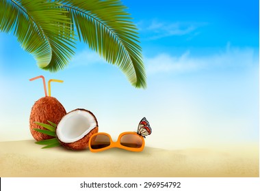 Vacation background. Beach with palm trees and blue sea. Vector.