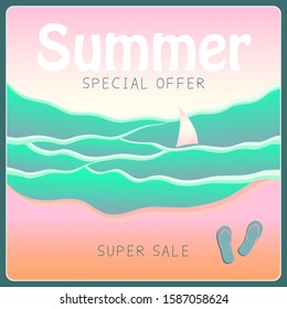 Vacation background. Pink and blue beach banner. Vector illustration.