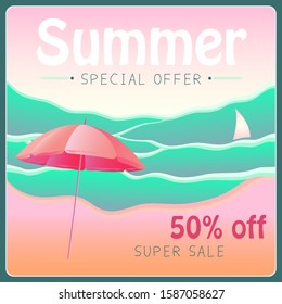 Vacation background. Pink and blue beach banner. Vector illustration.