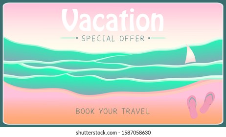 Vacation background. Pink and blue beach banner. Vector illustration.