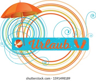 Vacation background. Pink and blue beach  umbrella. Vector illustration. Urlaub - German for vacation.