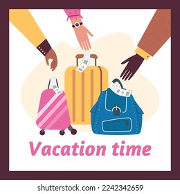 Vacation banner or poster design in square format, flat vector illustration. Flyer or banner template to promote flights and holidays, vacation or resort.