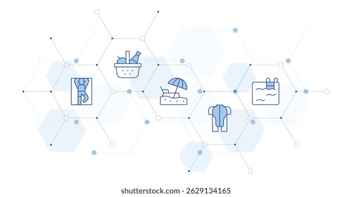 Vacation Banner Vector Illustration with Icon Style in Between. Line Duotone icon. Containing. sunbathing, picnic basket, beach, wetsuit, swimming pool.