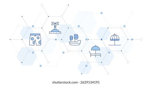Vacation Banner Vector Illustration with Icon Style in Between. Line Duotone icon. Containing. pants, island, sail boat, sunbed