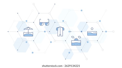 Vacation Banner Vector Illustration with Icon Style in Between. Line Duotone icon. Containing. beach, sunglasses, wetsuit.