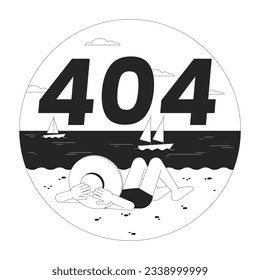 Vacation beach black white error 404 flash message. Lying sunbathing girl looking at ocean. Monochrome empty state ui design. Page not found popup cartoon image. Vector flat outline illustration