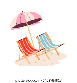 Vacation beach chairs sunbed with umbrella, wooden deck chair. Summertime relax. Isolated on white background illustration.
