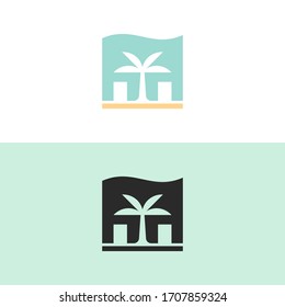 Vacation beach house logo. Beach store, shop. Modern residence, villa, cottage logo. Mediterranean sea, ocean, wave, palm icon. Modern and minimalist restaurant, cafe.