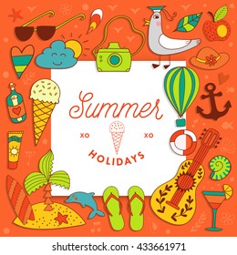 Vacation beach illustration design with summer doodles