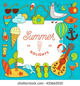 Vacation beach illustration design with summer doodles