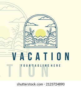 vacation or beach logo line art vector illustration template design. tropical island with hammock on the beach palm tree for vacation logo line art with badge vector illustration concept design