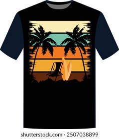 Vacaciones Playa Palmera Puesta de sol Estilo Cepillo Retro Vintage Ilustración