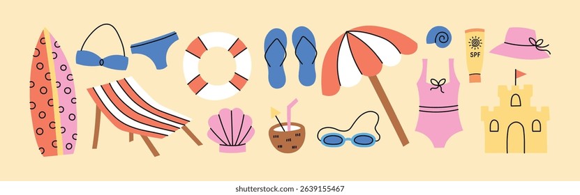 Vacation, beach, sea illustration set: surf, swimsuit, sunbed, coconut, seashells, spf, umbrella, hat, sandcastle. Summer collection for daily planner, scrapbooking, cards. Simple hand drawn style.
