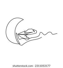 Vacation to the beach - Single Line Icon. One continuous line of boat drawing on sea wave surface and crescent moon. Vector illustration of boat and crescent moon.
