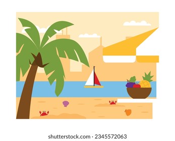 Vacation to the beach in summer, bring fruits, relax enjoy the view, vector illustration.