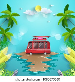 
a vacation to the beach. summer holiday. Background of the blue ocean and tropical plants. paper art design