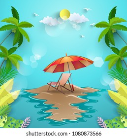 
a vacation to the beach. summer holiday. Background of the blue ocean and tropical plants. paper art design