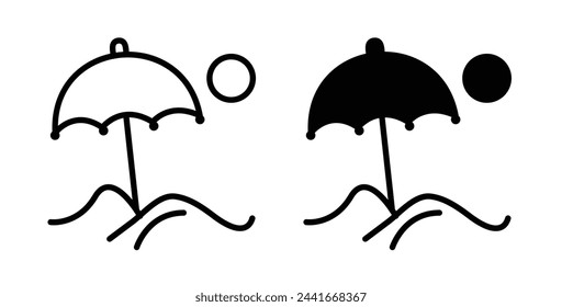 Vacation Beach and Sun Umbrella Icons. Island Resort and Relaxation Symbols.