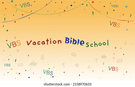 Vacation Bible School texto "VBS" con iconos de la iglesia y confeti Ilustración. Copiar texto de espacio. concepto de campamento infantil