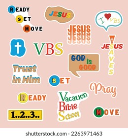 Colegio de Vacaciones de la Biblia (VBS, por sus siglas en inglés) conjunto de stickers religiosos mixtos. Concepto de campamento cristiano.