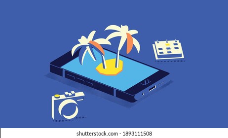 Vacation booking flat isometric low poly vector concept. Use of mobile device to perform online buy tickets. Isometric tourism application.