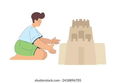 Vacation with Boy Character Building Sand Castle Enjoying Seaside Rest Vector Illustration