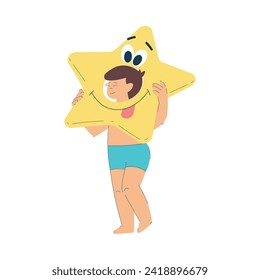 Vacation with Boy Character with Star Rubber Ring Enjoying Seaside Rest Vector Illustration
