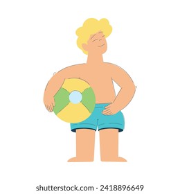 Vacation with Boy Character Swimwear Standing with Ball Enjoying Seaside Rest Vector Illustration